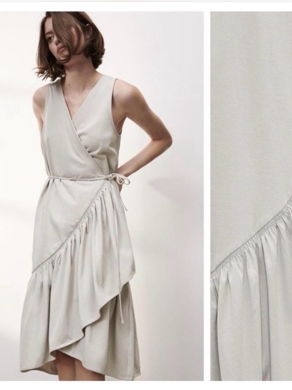 Zara One-Shoulder Wrap Midi Dress in Light Gray